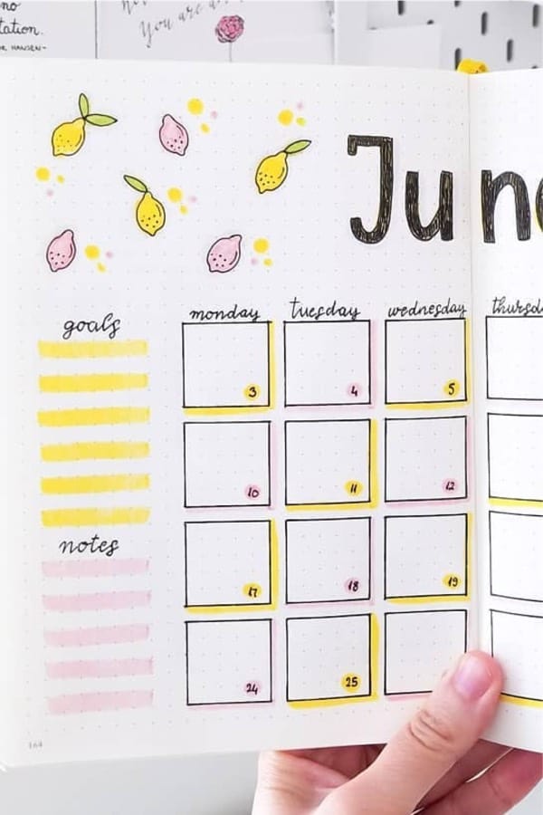 bullet journal monthly spread with lemons