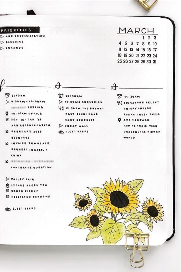 bullet journal spread with sunflower theme