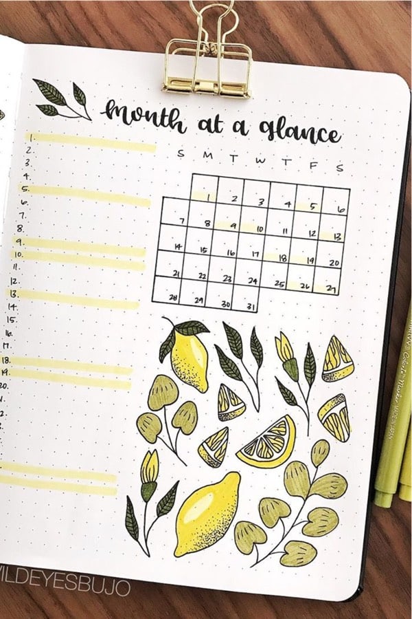 layout ideas for bujo with lemonade theme