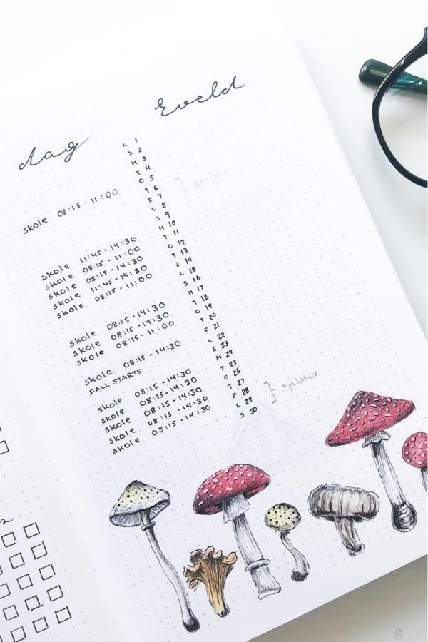 bullet journal page with mushrooms