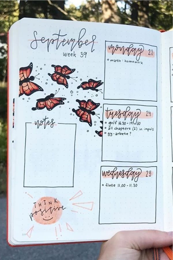 bujo layout with orange butterly theme