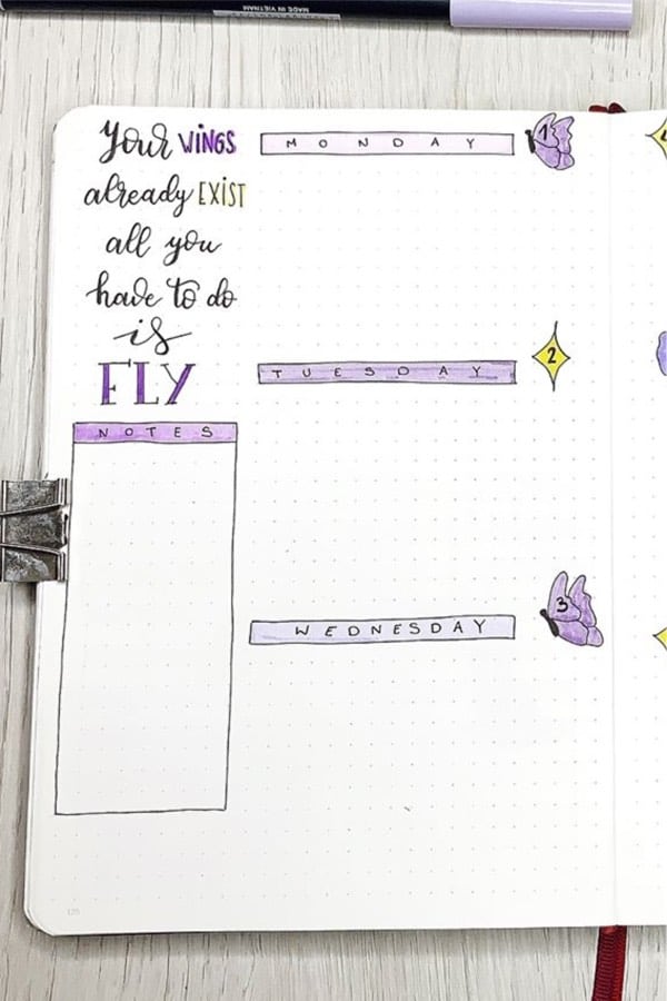 bullet journal spread with purple doodles