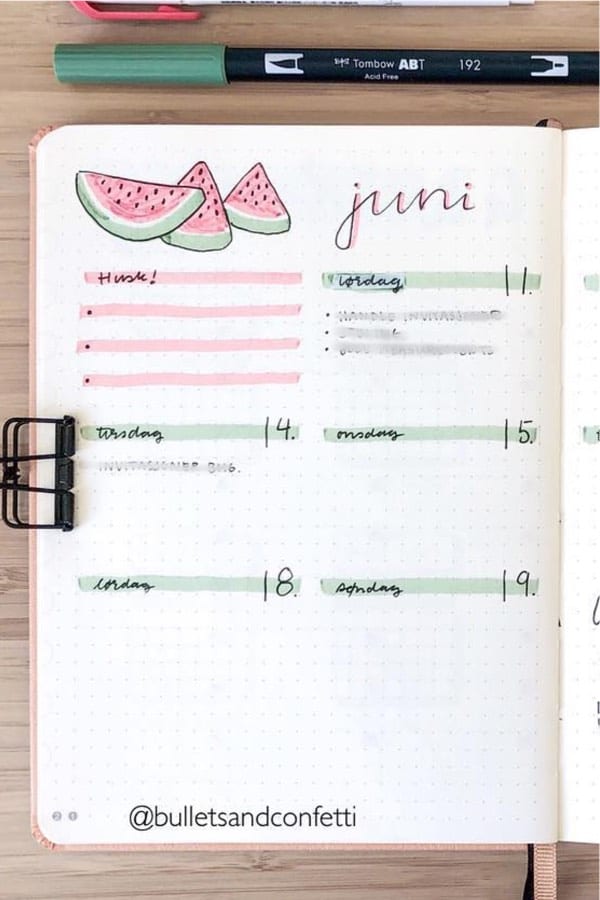 june weekly spread with watermelon