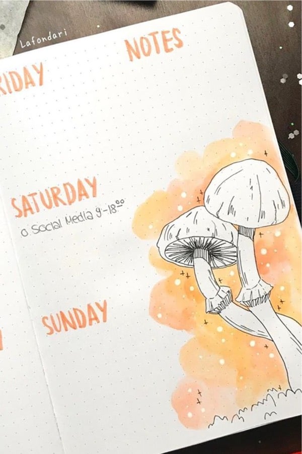 weekly spread with mushroom doodle