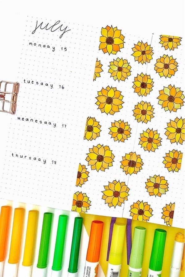 july weekly spread with yellow flowers