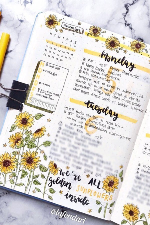 yellow bujo spread with flowers