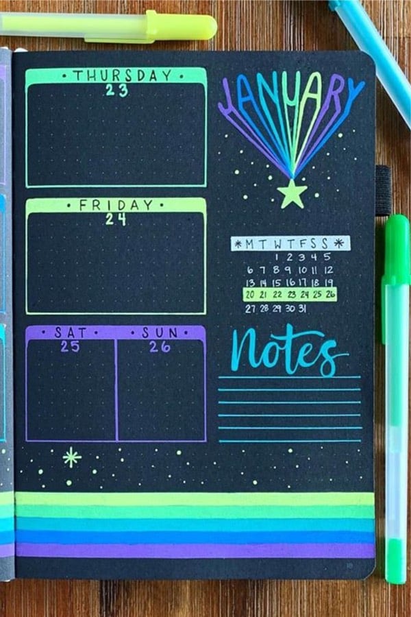 neon colored bullet journal layout