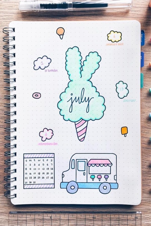 july bujo cover with ice cream truck