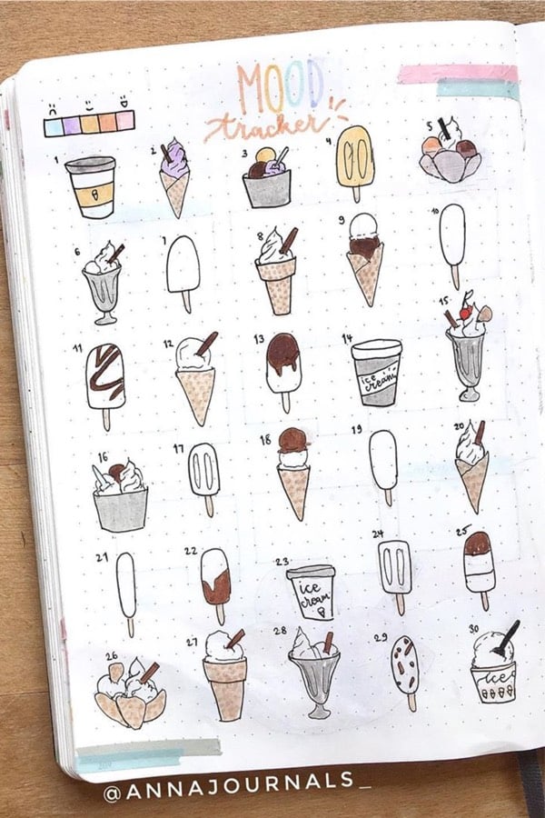 bullet journal tracker with ice cream