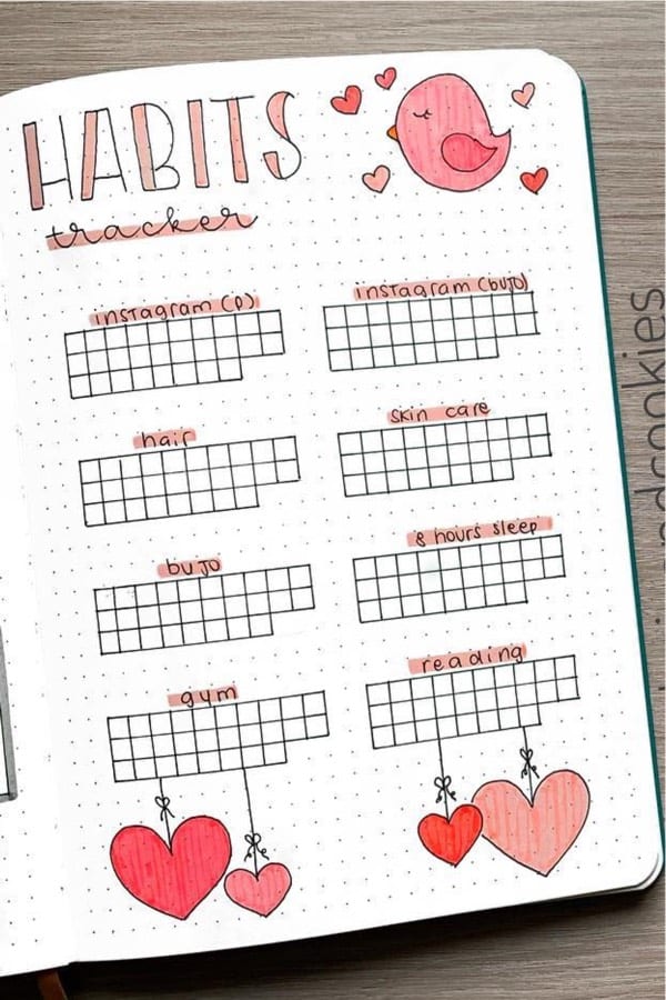 heart themed bullet journal habit spread