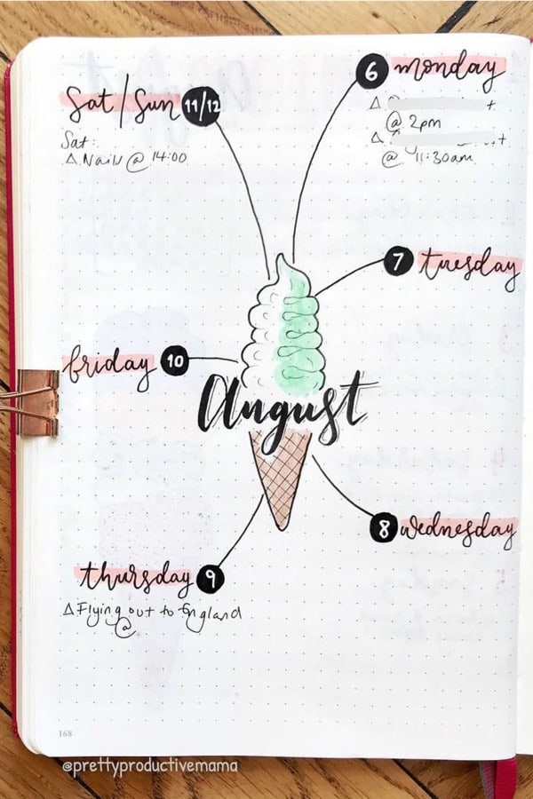 august weekly layout with ice cream theme