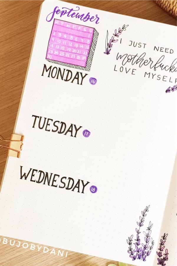 bullet journal lavender themed layout