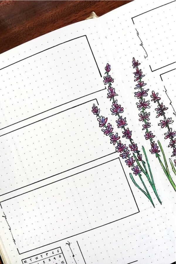 bullet journal spread with purple flowers