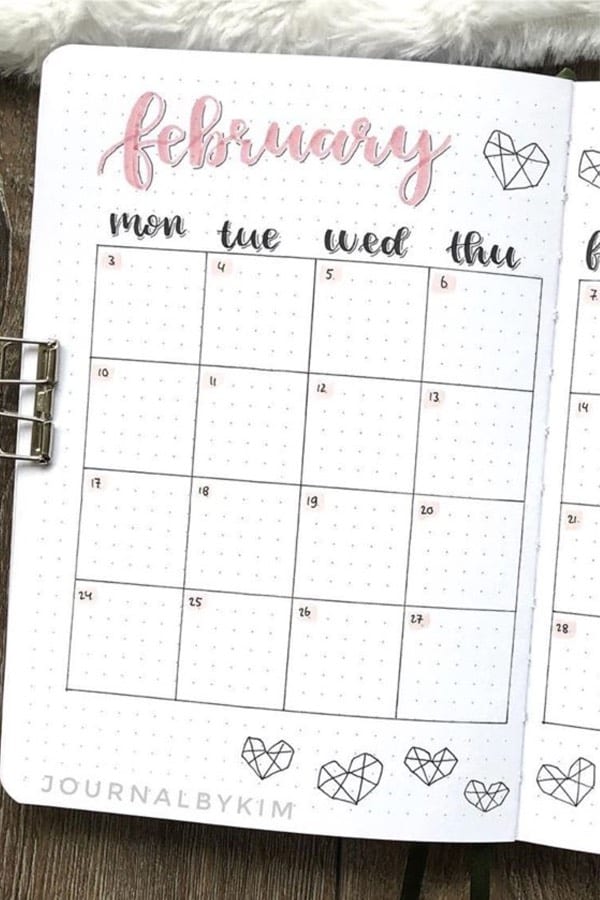 monthly spread example with hearts