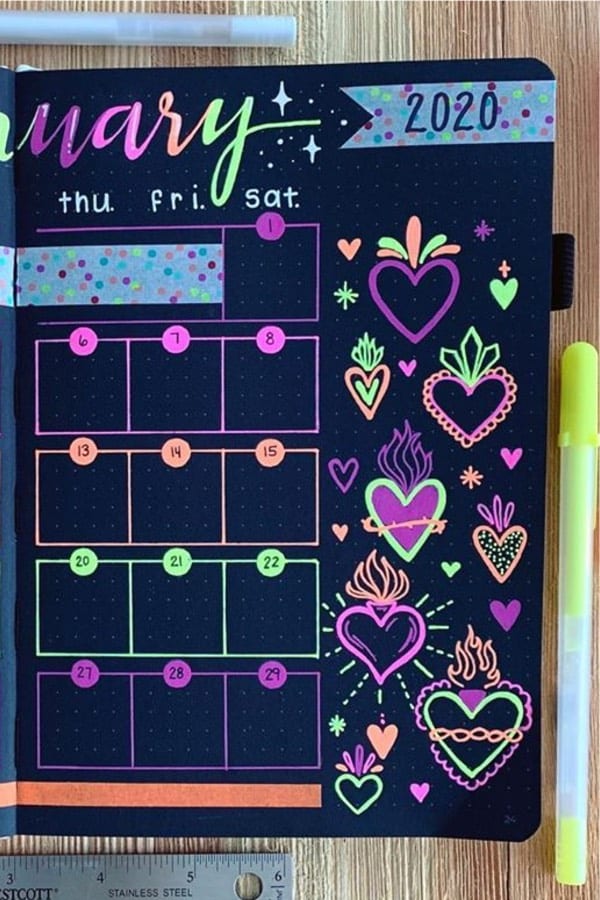 black bullet journal monthly layout