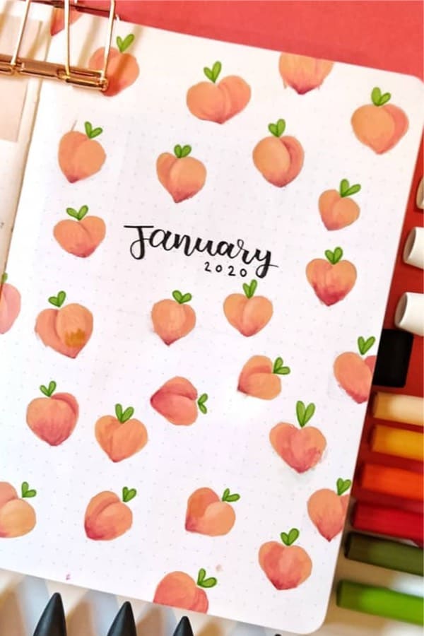 bujo theme page with peach doodles