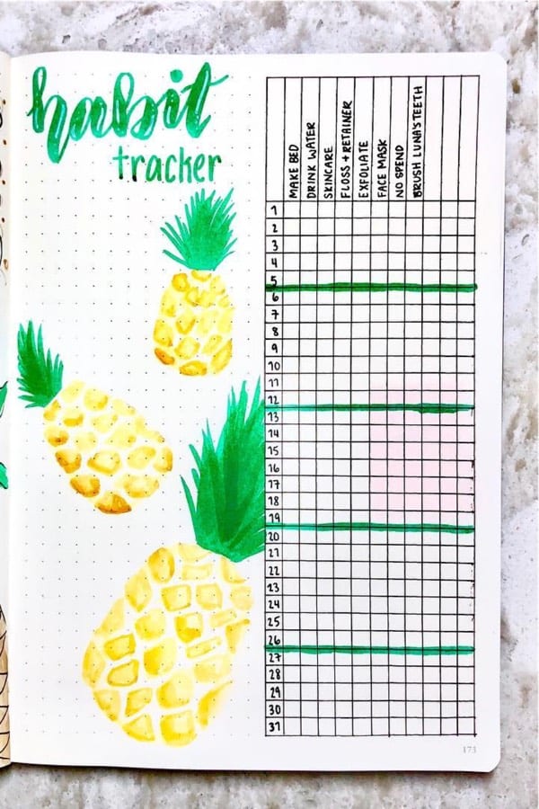 bullet journal spread with yellow pineapples