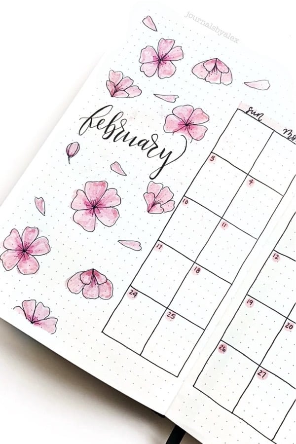 february monthly spread with pink flowers