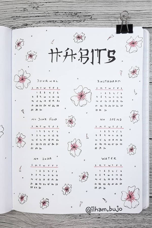 habit tracking page with cherry blossom doodles