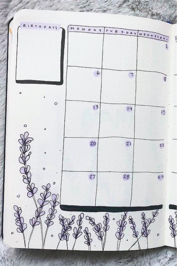 bullet journal monthly log with lavender