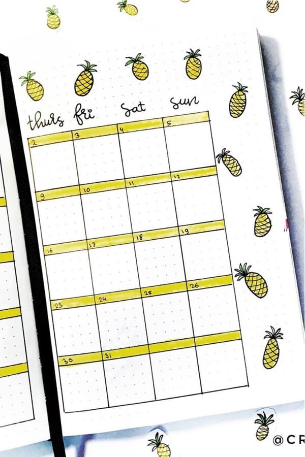 yellow bujo layout with pineapple icons