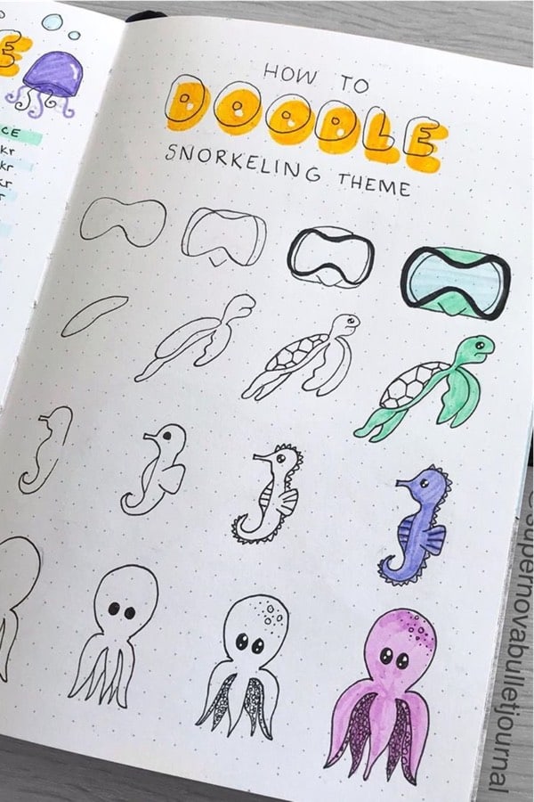 bullet journal doodles with snorkel theme