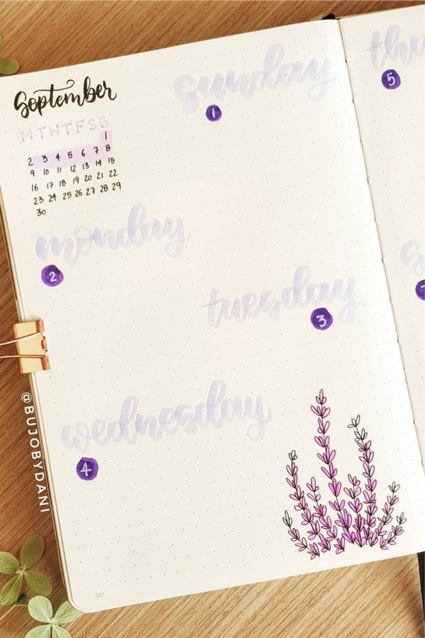 lavender bullet journal weekly layout