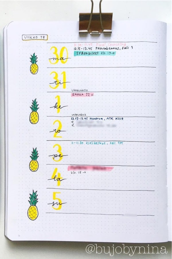 best bujo spreads with pineapple theme
