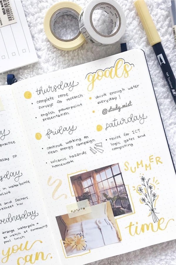 bujo spread with yellow daisies
