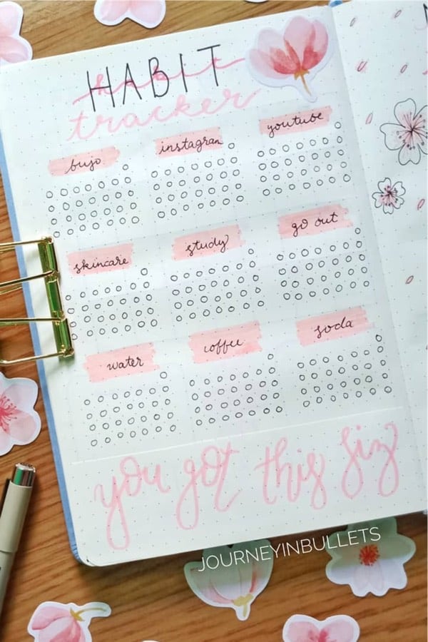 habit tracker with cherry blossom doodles