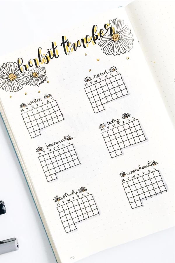 bullet journal tracker with daisy drawing