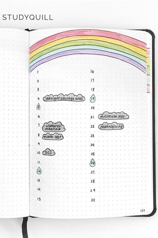 bullet journal layout with rainbow doodle