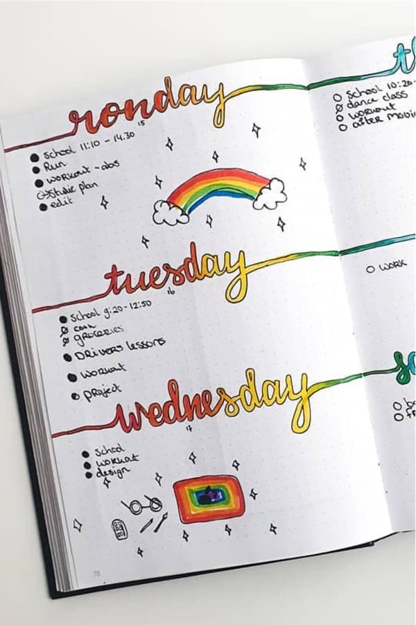 bujo spread with rainbow theme