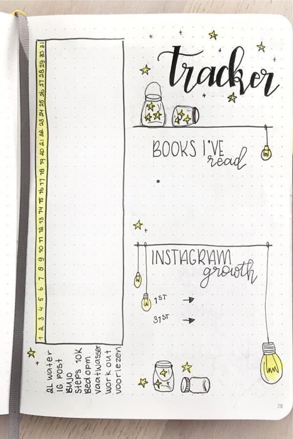 bullet journal tracking page with light bulbs