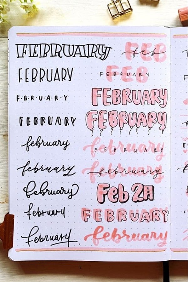 easy bujo title examples with pink