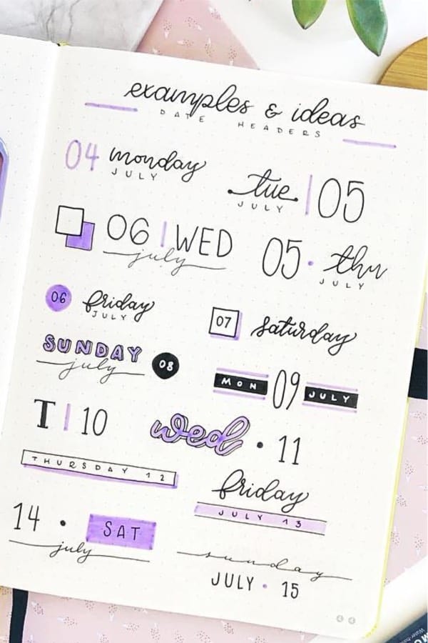 bujo date headers with purple colors