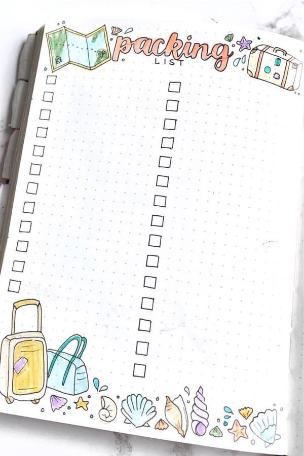 bullet journal list with beach doodles