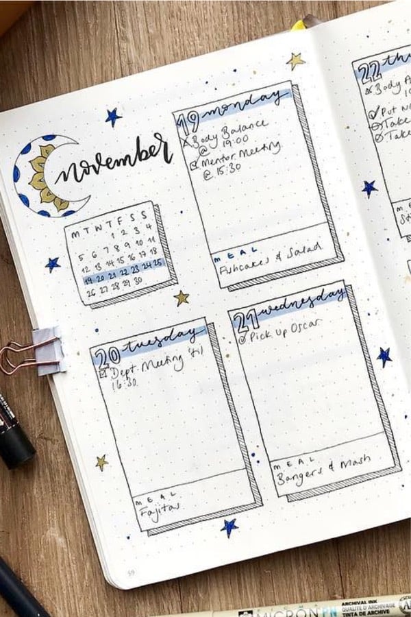 moon and star themed bullet journal layout