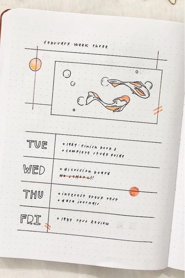 creative weekly log with koi doodles