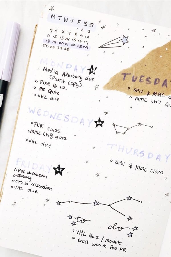 bujo log with constellation doodles