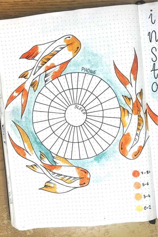 bullet journal tracker with koi fish doodles