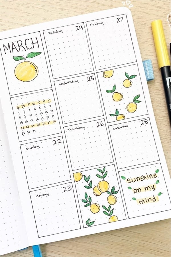 boxy weekly spread with lemon doodles