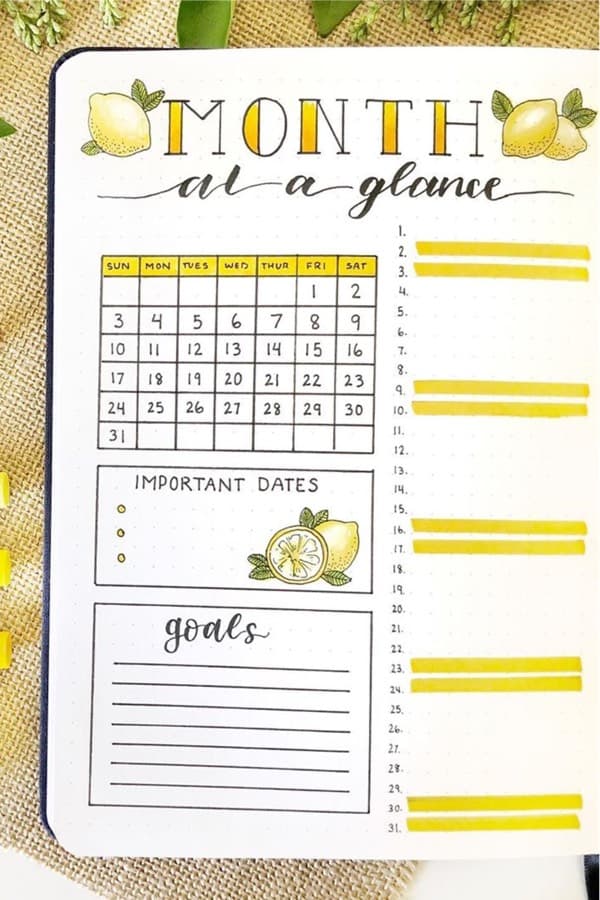 monthly overview with yellow lemon theme