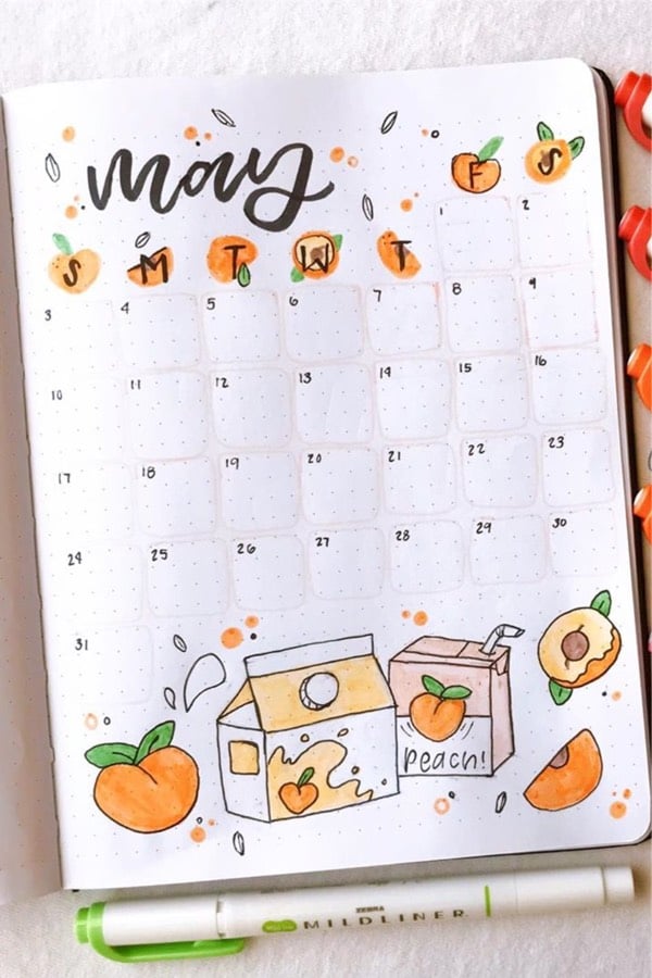 bujo page with peach doodle theme