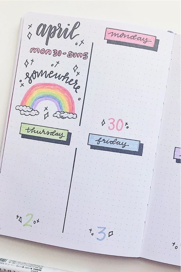 cute bujo layouts with rainbow theme