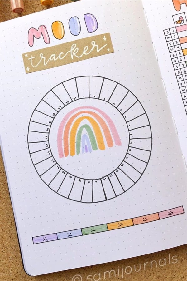 bujo mood tracker with rainbow drawings