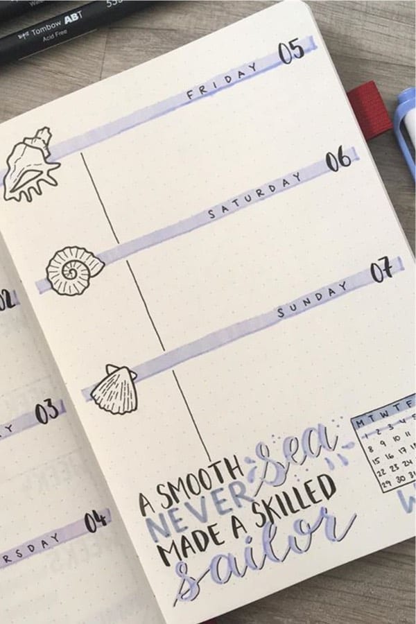 bujo log with shell doodles