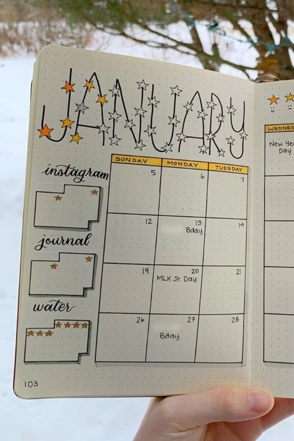 january bujo spread with star doodles