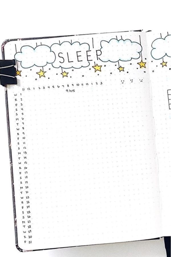 sleep tracking spread with starry night doodles