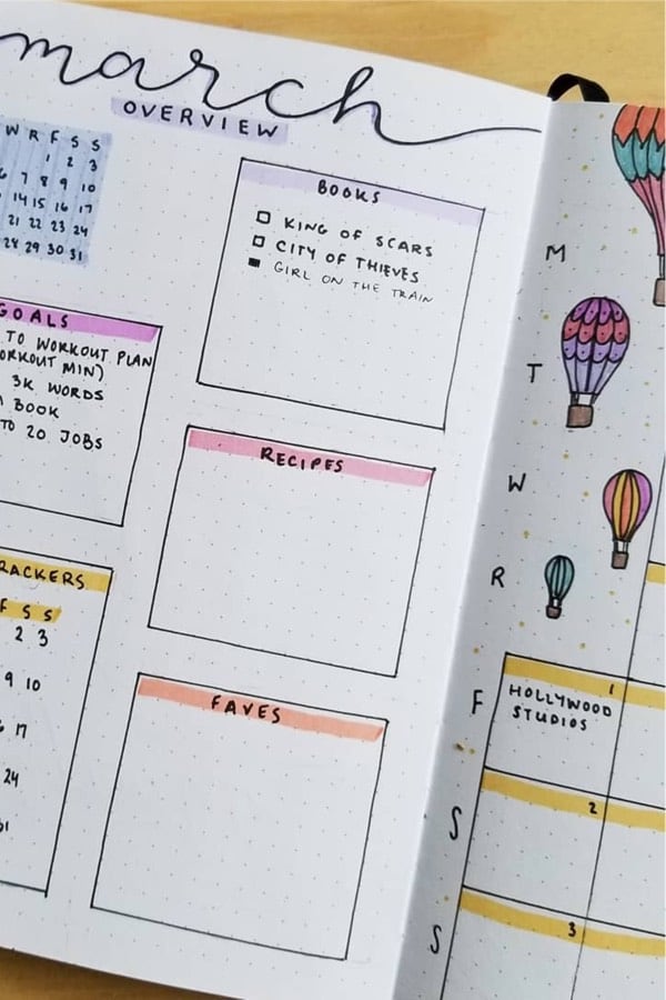 bullet journal overview with flying balloon doodles